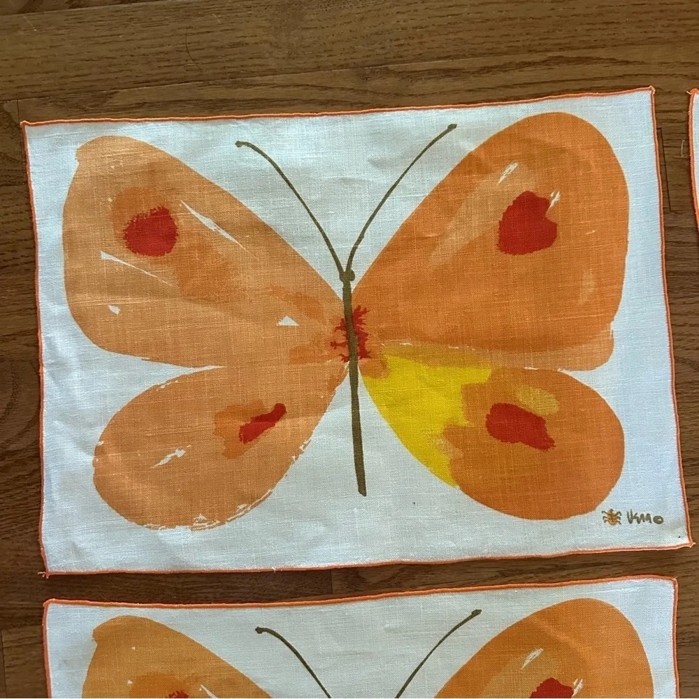 Set of 8 Vintage Vera Neumann Placemats Butterfly MCM Signed Retro Orange Cottag